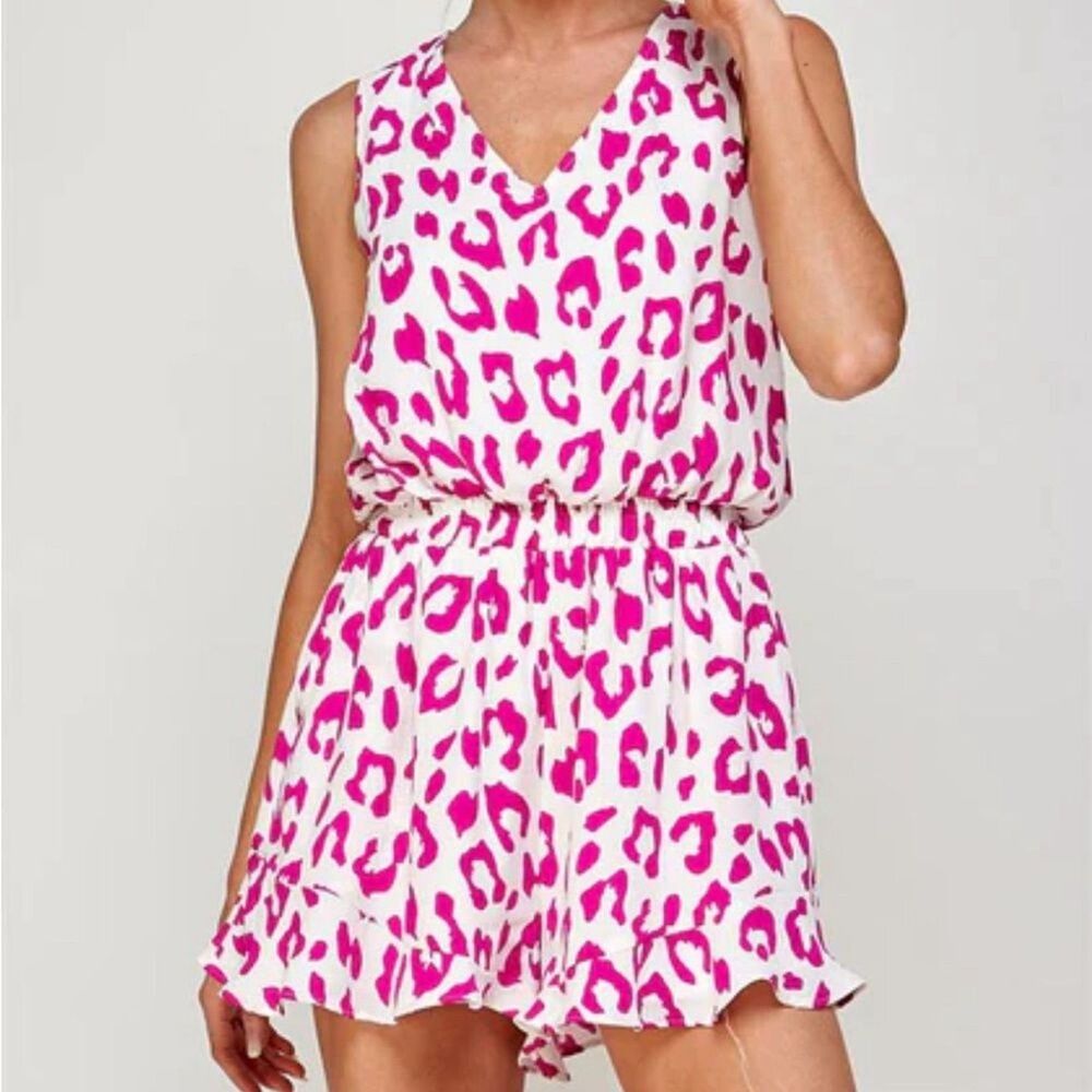 Caramela Vanessa Romper Large Pink Leopard Print Lined Shorts Pockets Sleeveless